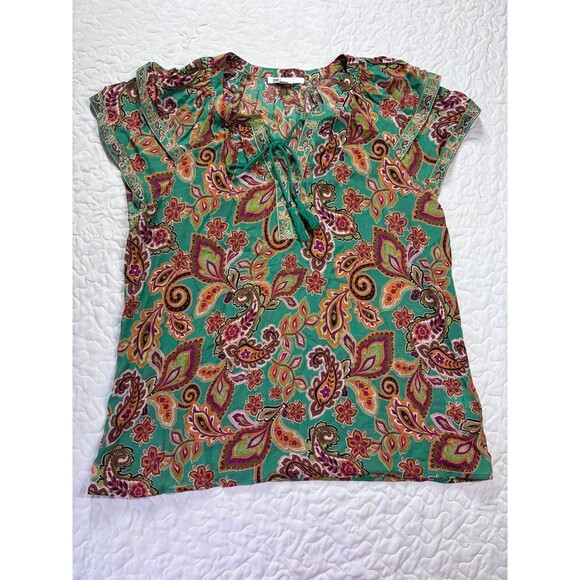DR2 Green Paisley Floral Print Drawstring Short Sleeve Blouse size medium - Picture 1 of 5